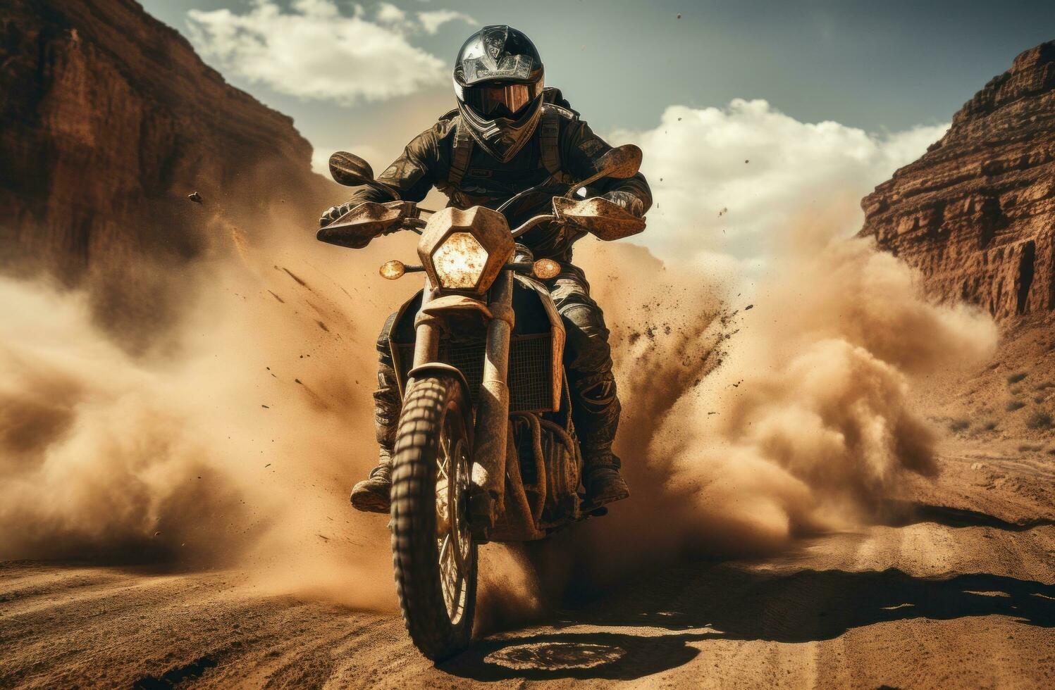 ai generado un negro hombre montando un motocicleta abajo un suciedad la carretera foto