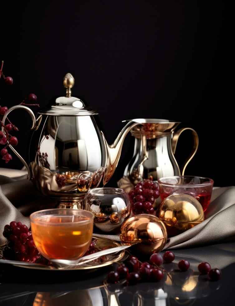 AI generated gold tea set includes silver cups and glassware photo