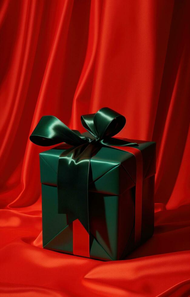 AI generated a gift box in the shape of a ribbon is on a red and black silk background photo