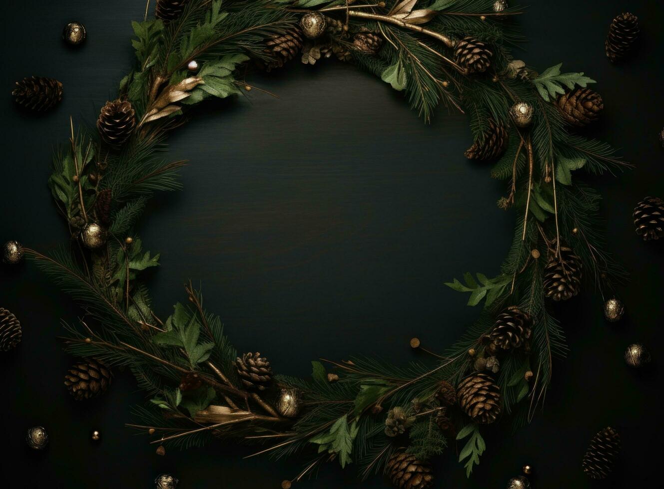 AI generated a christmas wreath with pine branches and pine cones on the surface photo