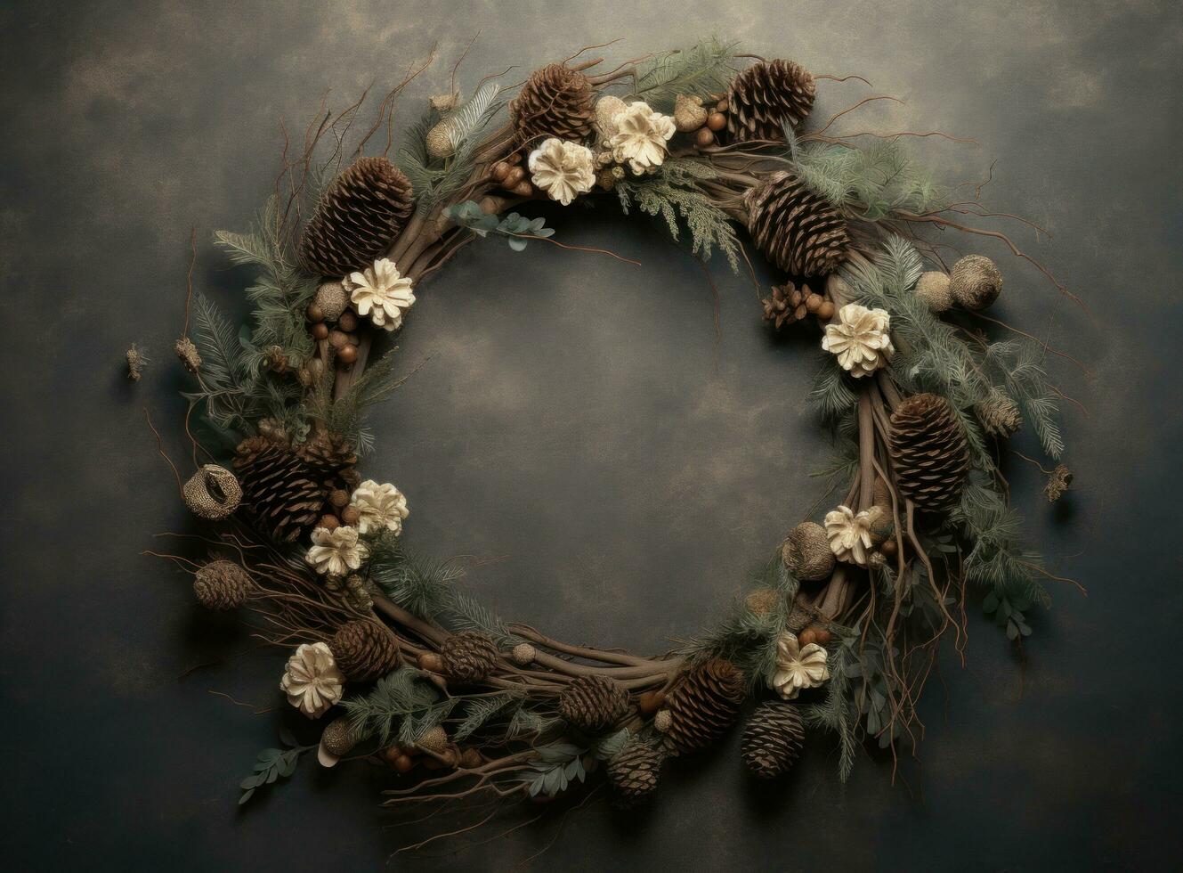 AI generated a christmas wreath with pine branches and pine cones on the surface photo