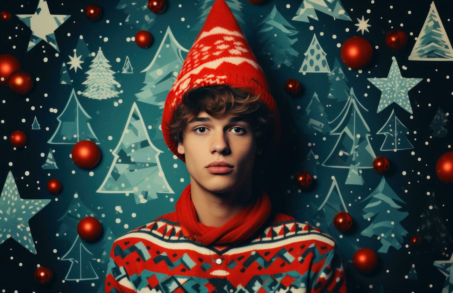 ai generado hombre en Papa Noel sombrero con un Navidad árbol foto