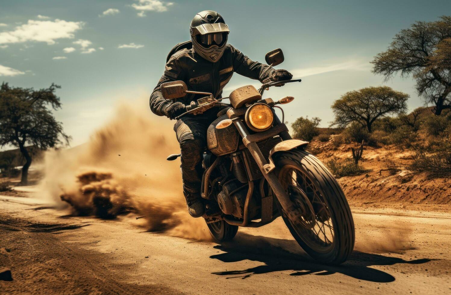 AI generated a black man riding a motorcycle down a dirt road photo