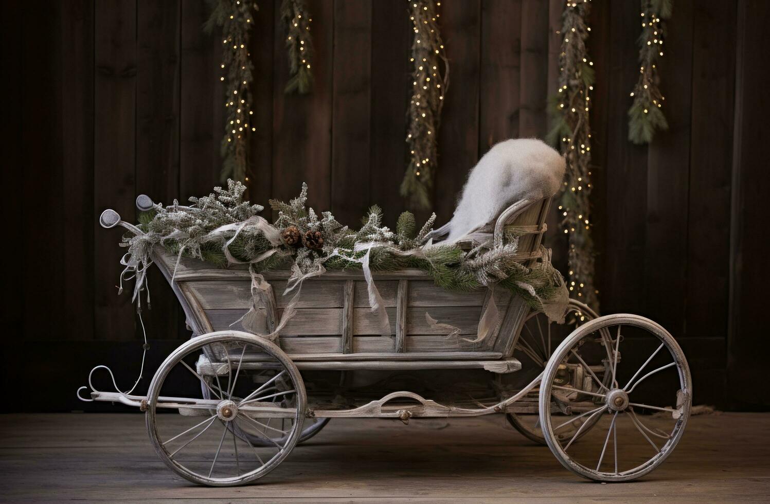 AI generated sleigh with little ball on the wooden background photo