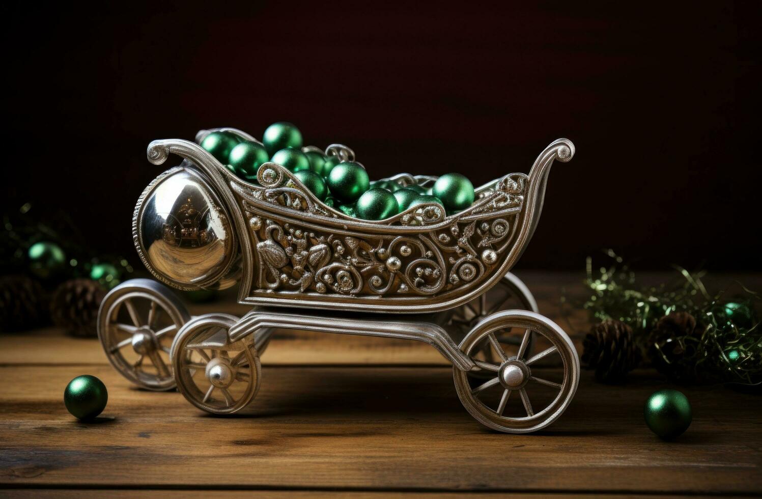AI generated sleigh with little ball on the wooden background photo