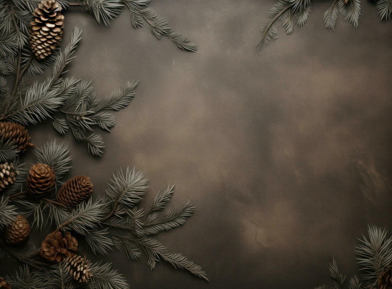 AI generated rustic pine branches and pine cones on a natural background photo