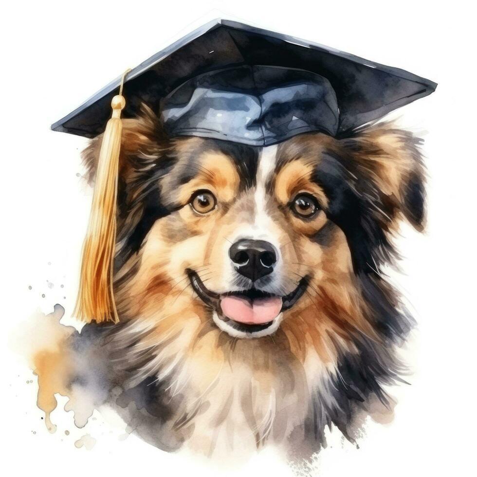 AI generated Cute watercolor dog in graduation cap isolated photo