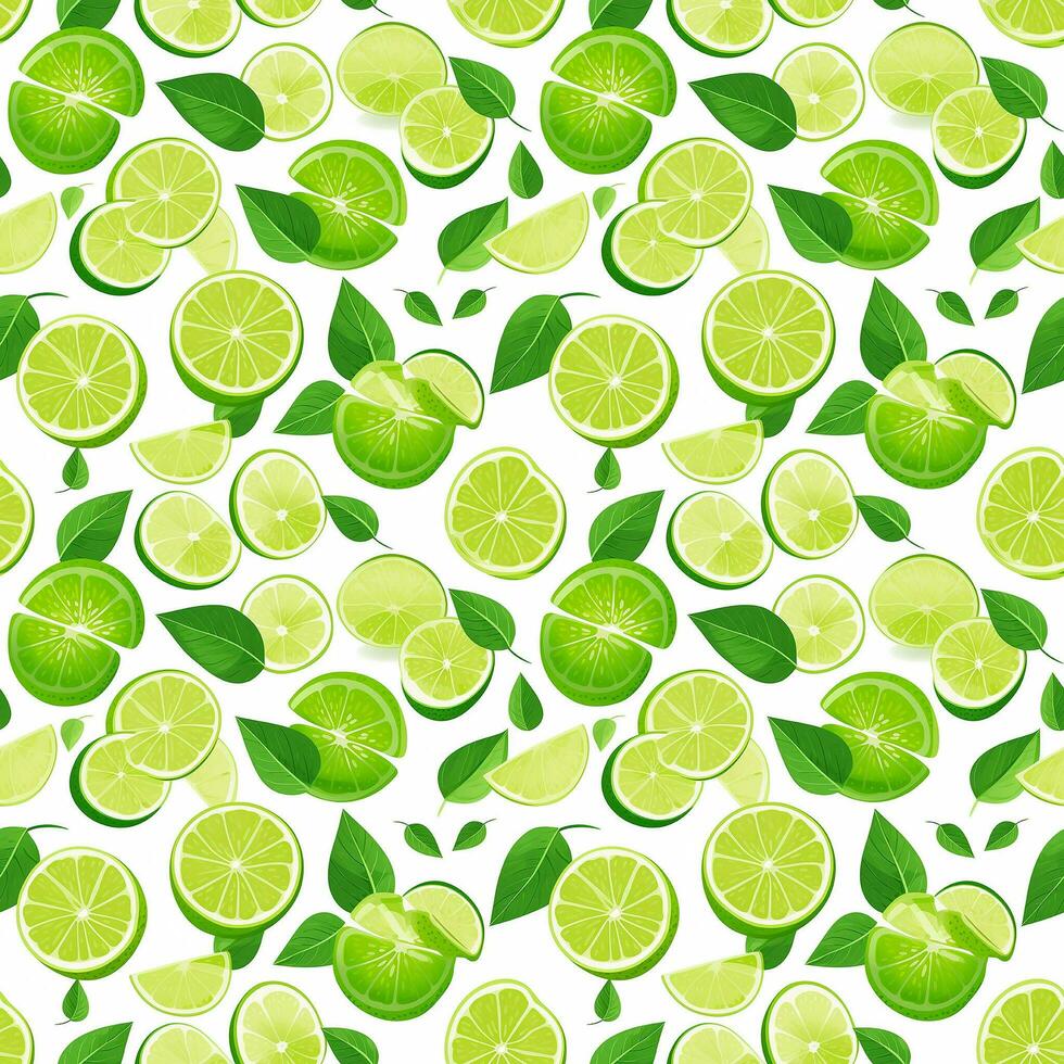AI generated green and white leaves with slices of lime seamless pattern background photo