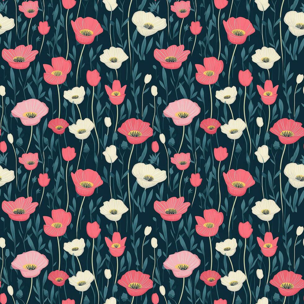 AI generated flowers with the stems showing seamless pattern background photo