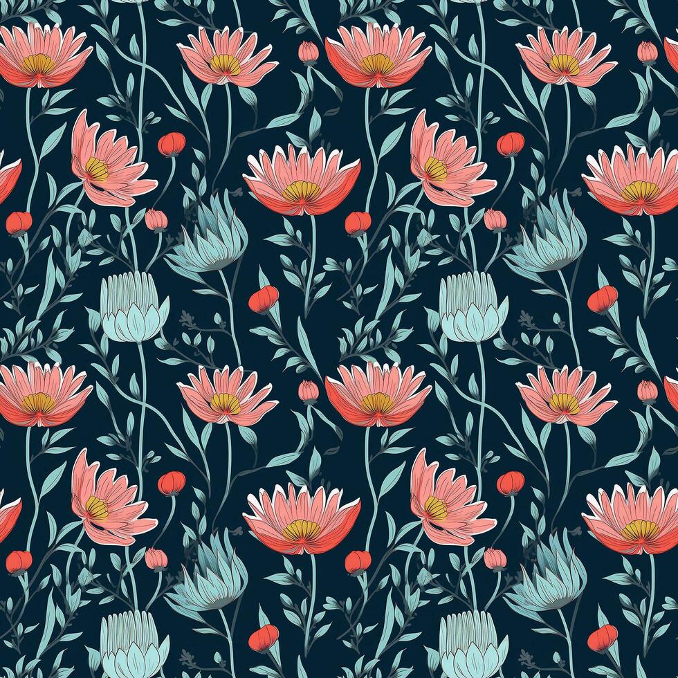AI generated flowers with the stems showing seamless pattern background photo