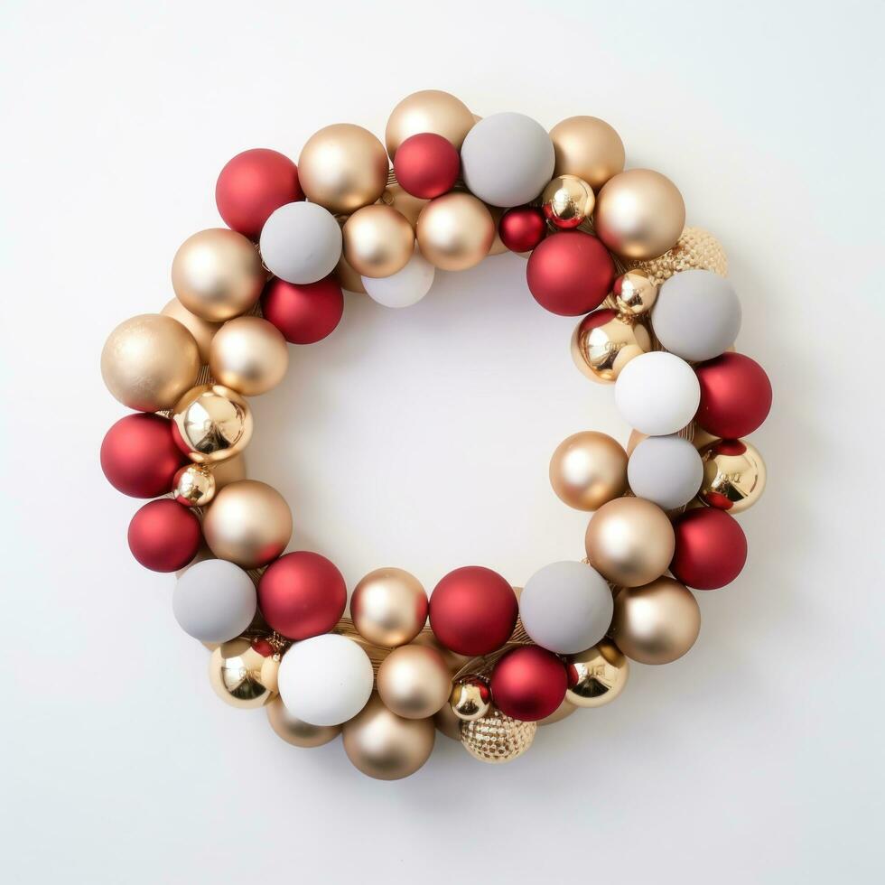 AI generated a red, gold and silver christmas wreath layered on top of a white surface photo