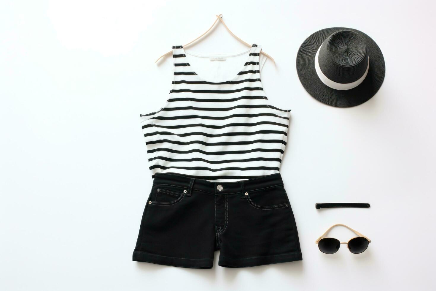 AI generated striped shorts, sandals and hat photo