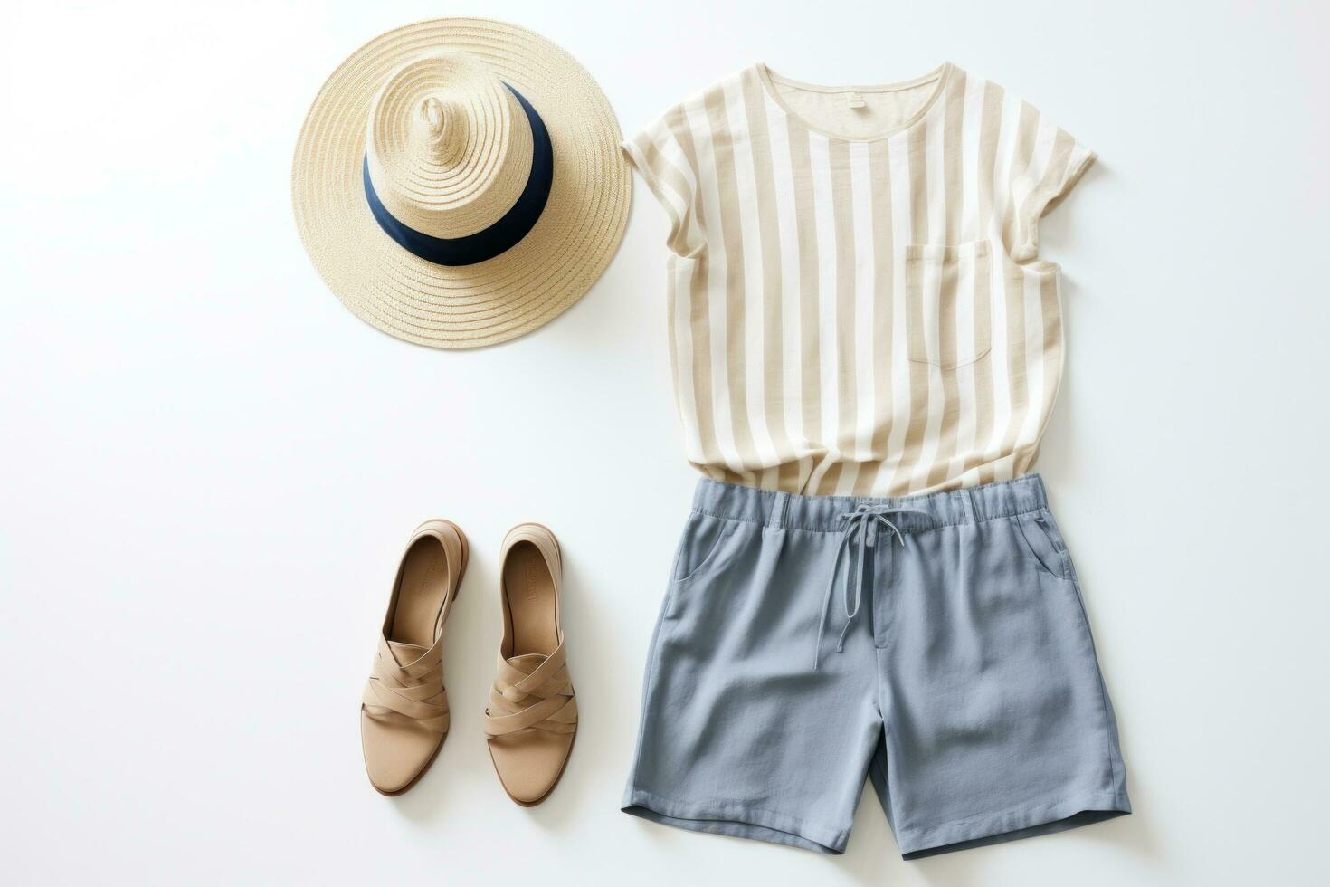 AI generated striped shorts, sandals and hat photo