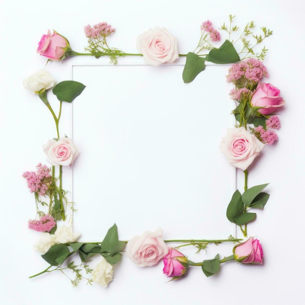 AI generated floral frame on a white background with pink roses and green photo
