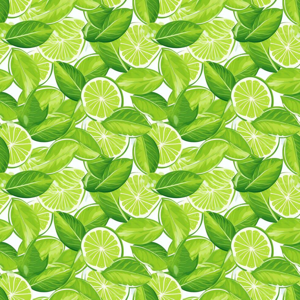 AI generated green and white leaves with slices of lime seamless pattern background photo