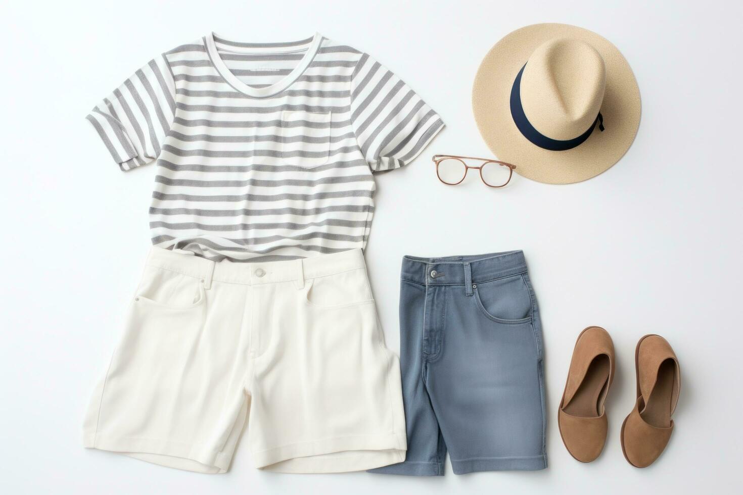 AI generated striped shorts, sandals and hat photo