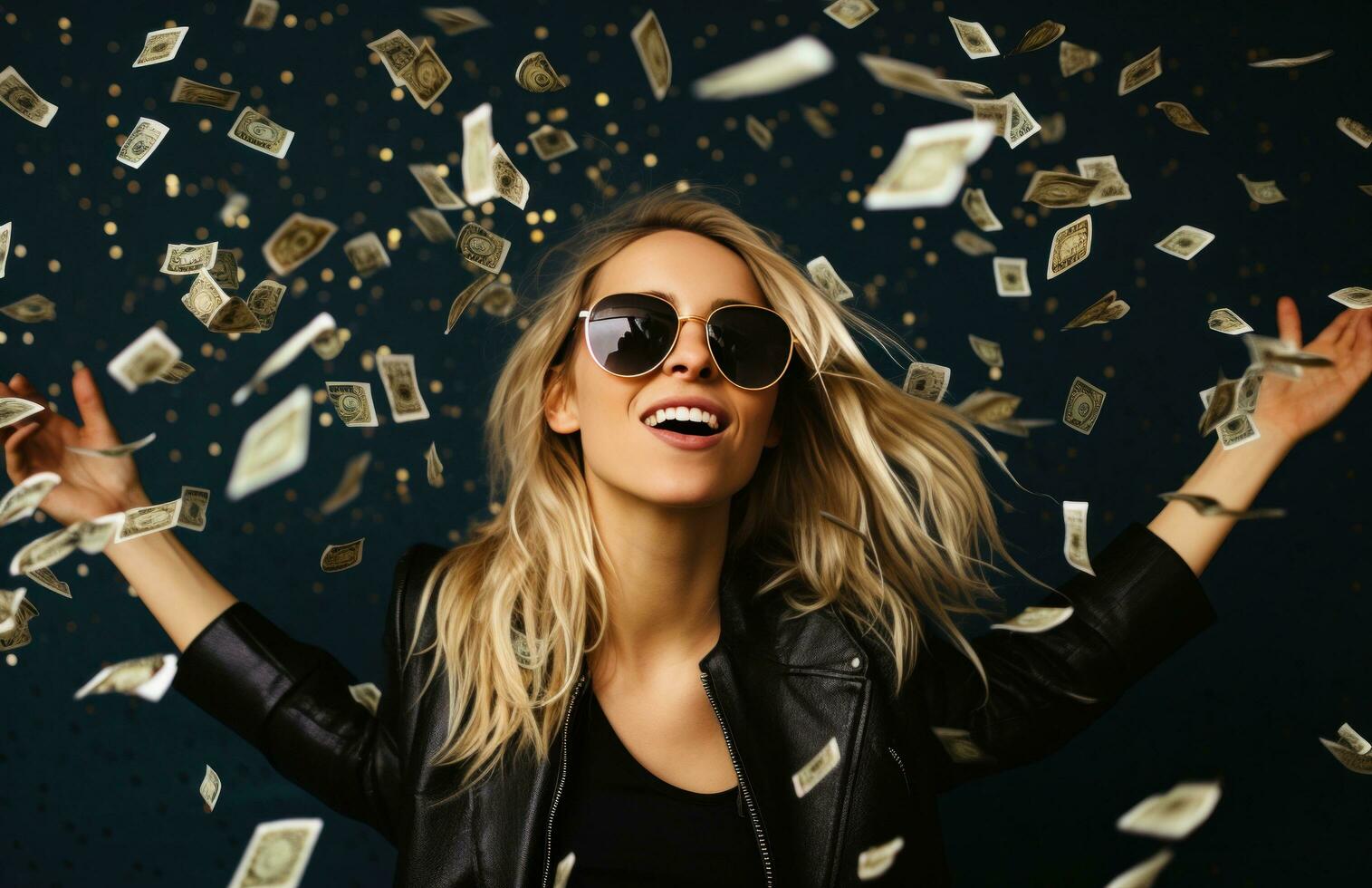 AI generated young blonde brunette woman posing with sunglasses in a black leather jacket photo