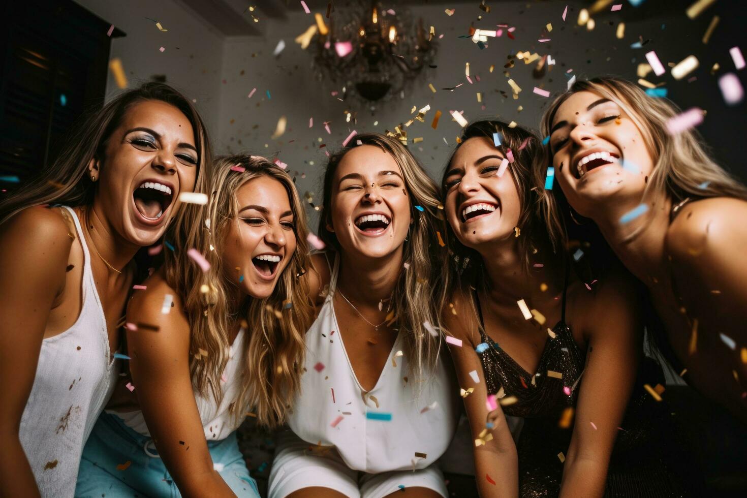 AI generated womens friends party at home with confetti. photo