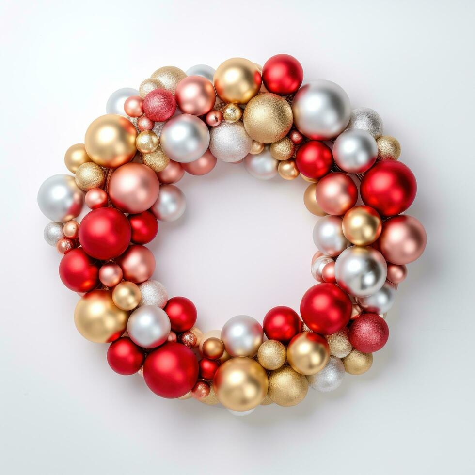 AI generated a red, gold and silver christmas wreath layered on top of a white surface photo
