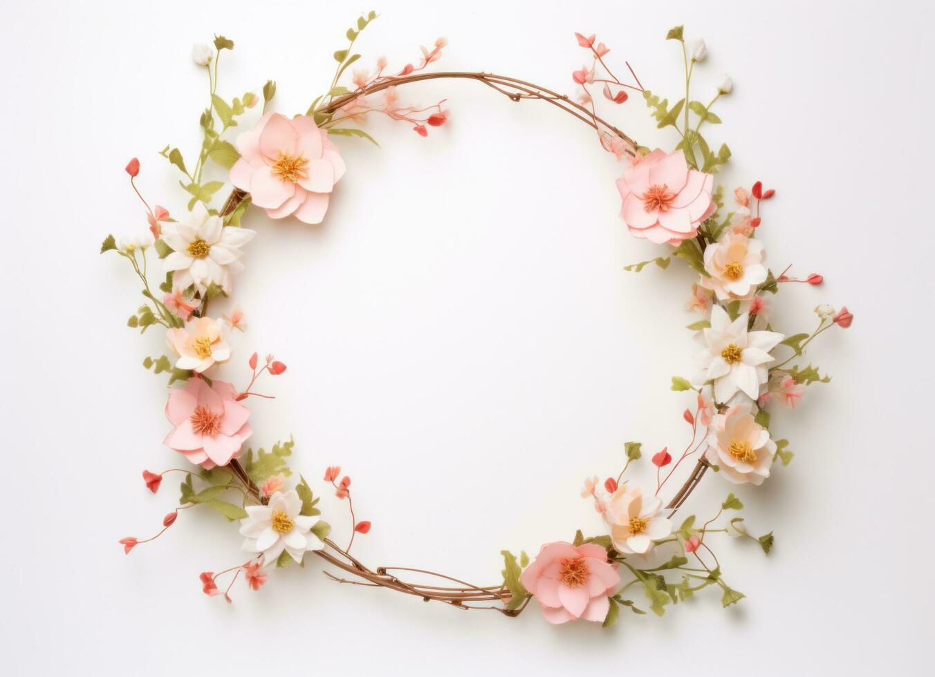 AI generated a circle wreath of pink and peach flowers, photo