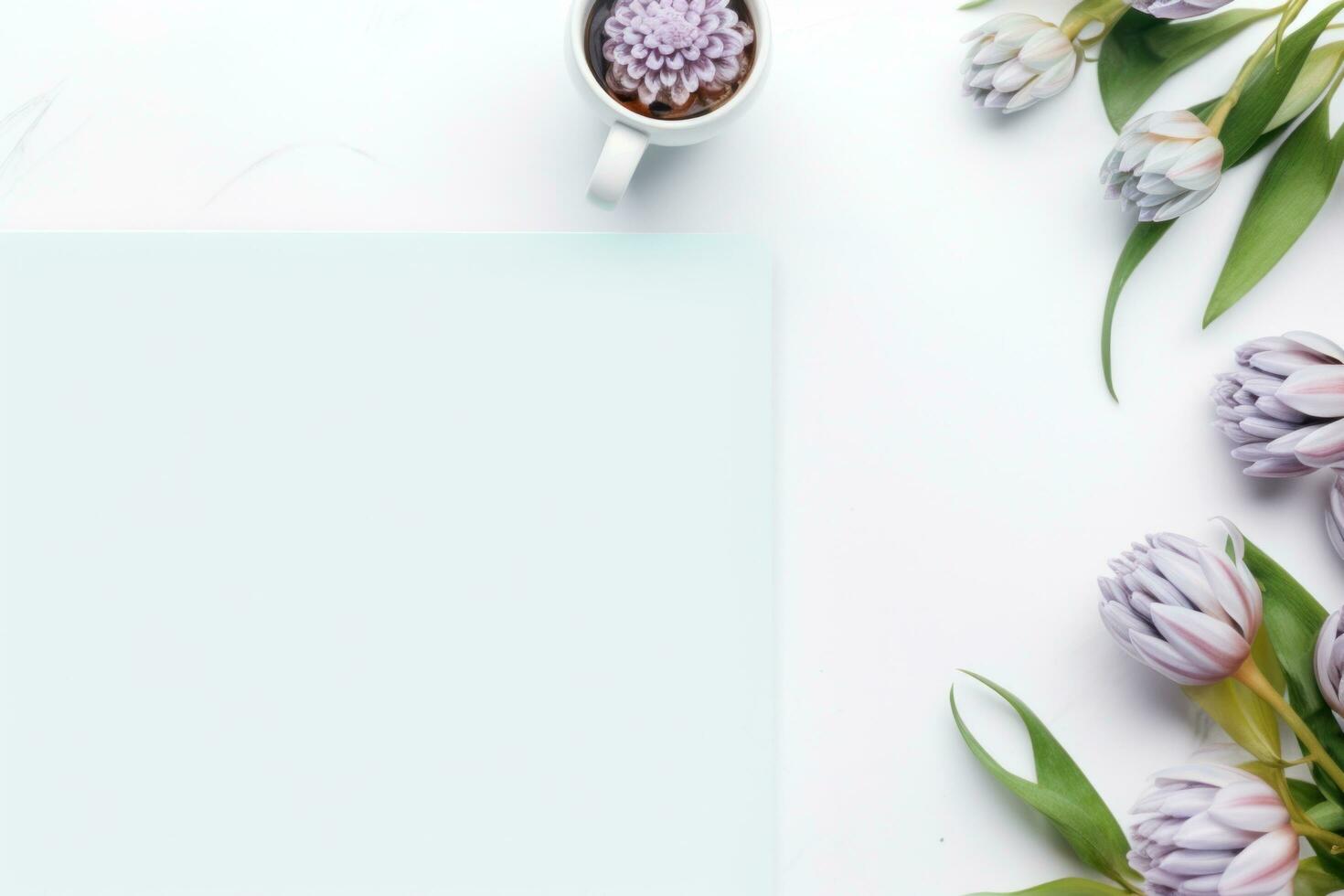 AI generated white desktop with laptop, flowers next to it, tablet photo