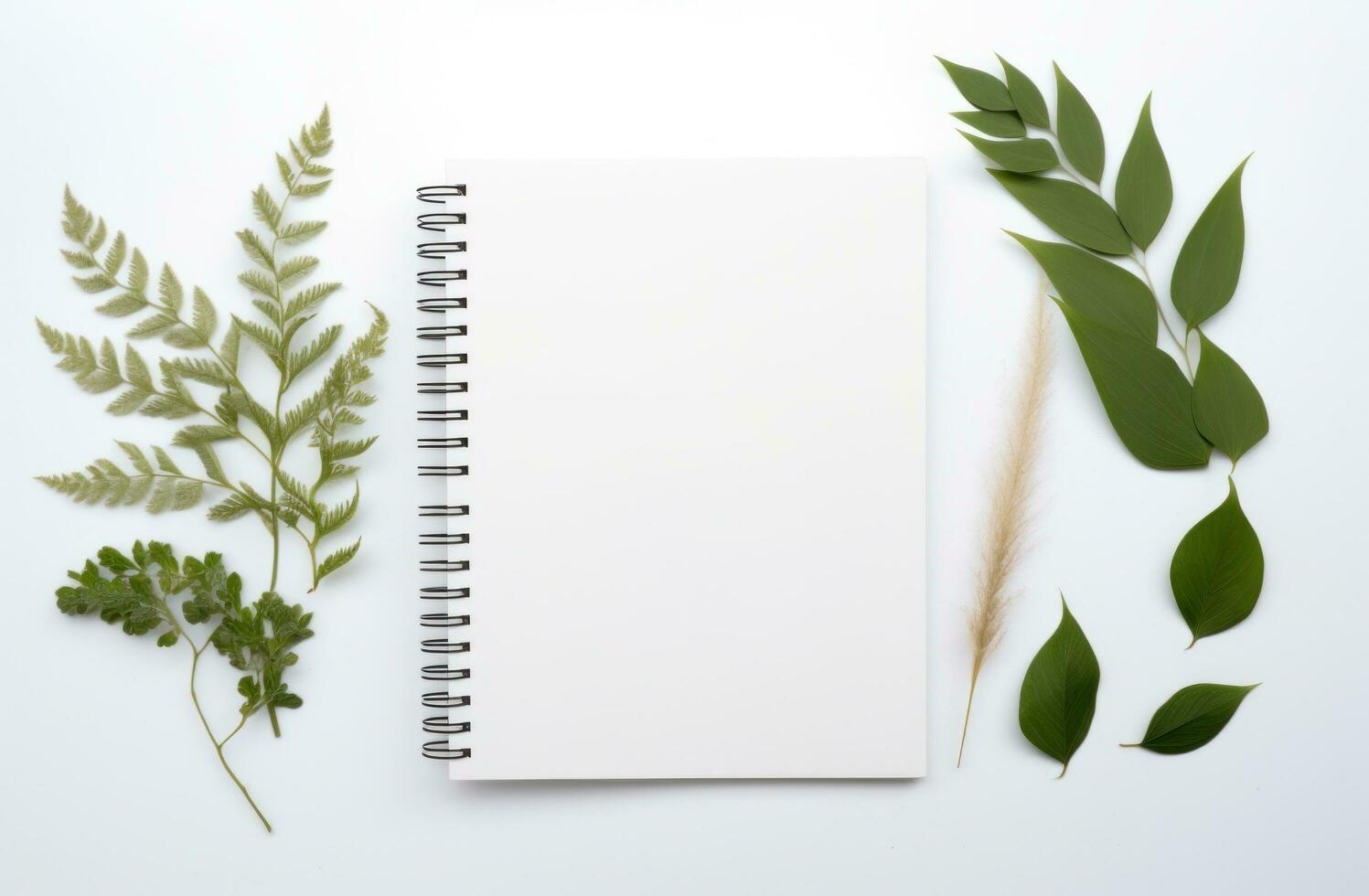 AI generated white background with empty notepad and green leaves around a white background photo