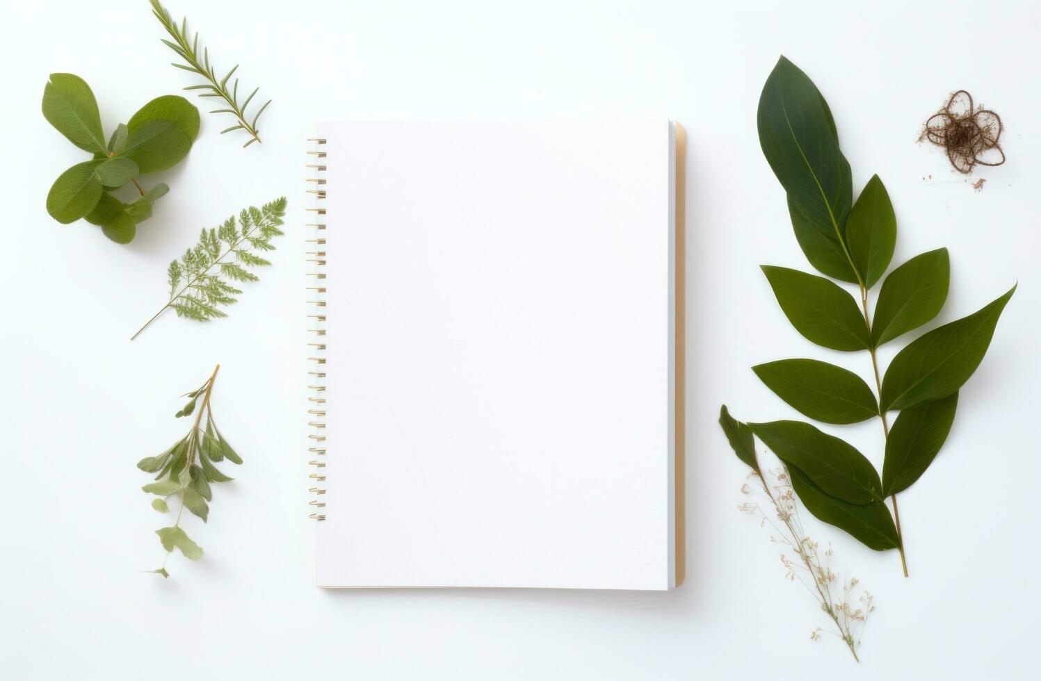 AI generated white background with empty notepad and green leaves around a white background photo