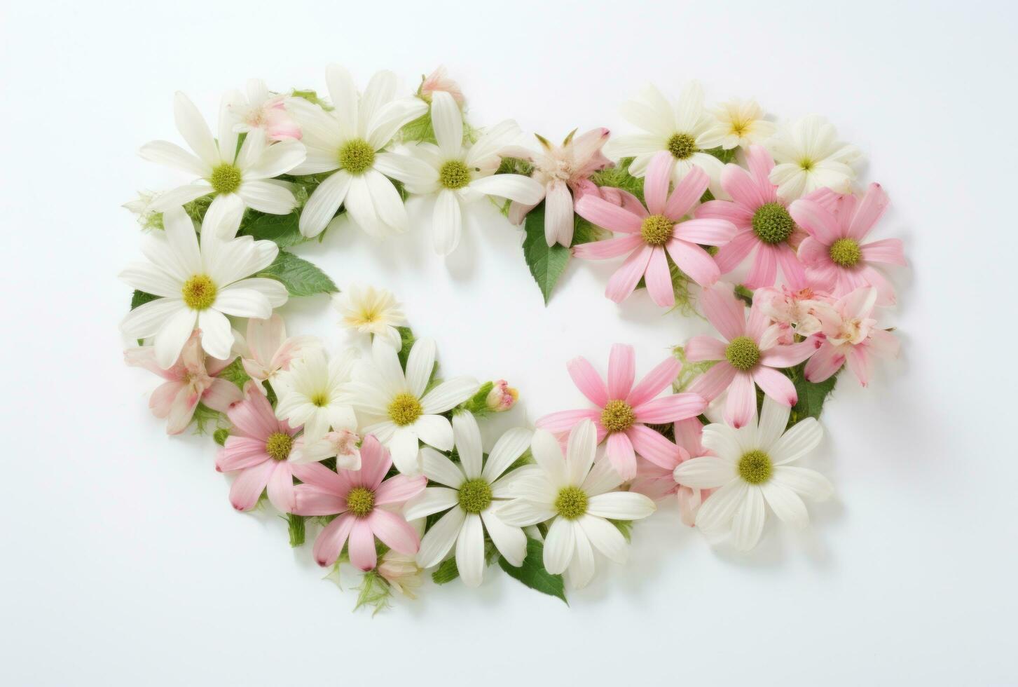 AI generated white and pink flowers arranged in an alphabet shape photo