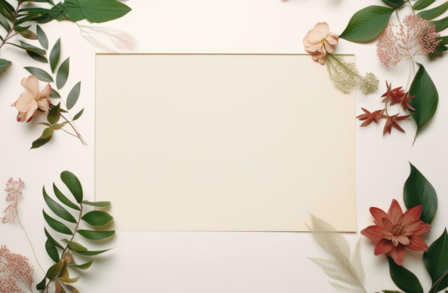 AI generated white blank sheet with green leaves and flowers around it photo