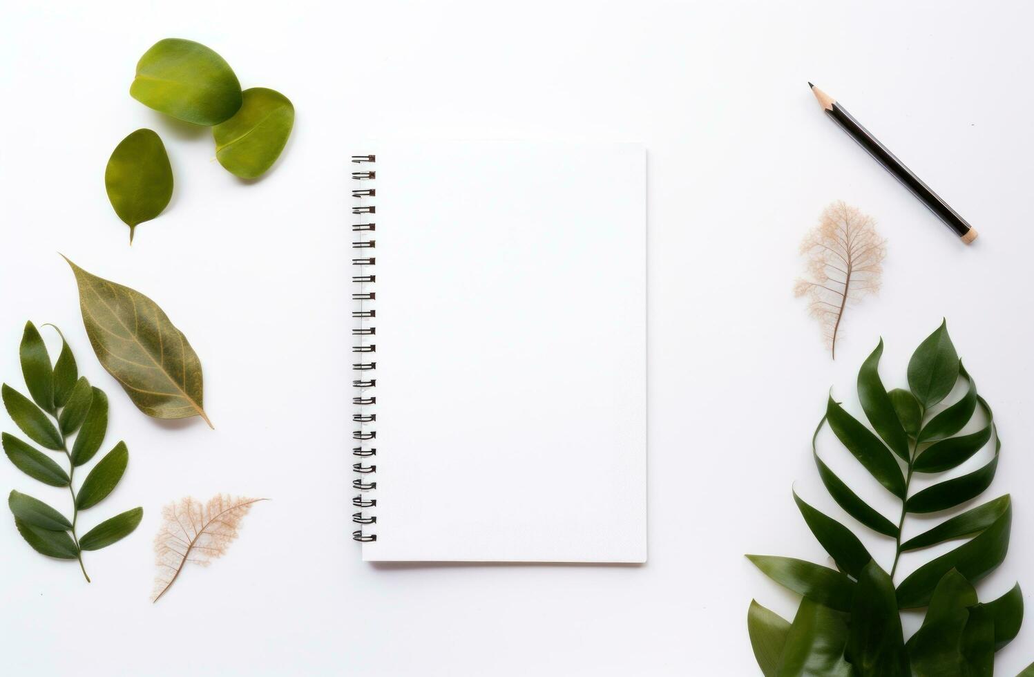 AI generated white background with empty notepad and green leaves around a white background photo