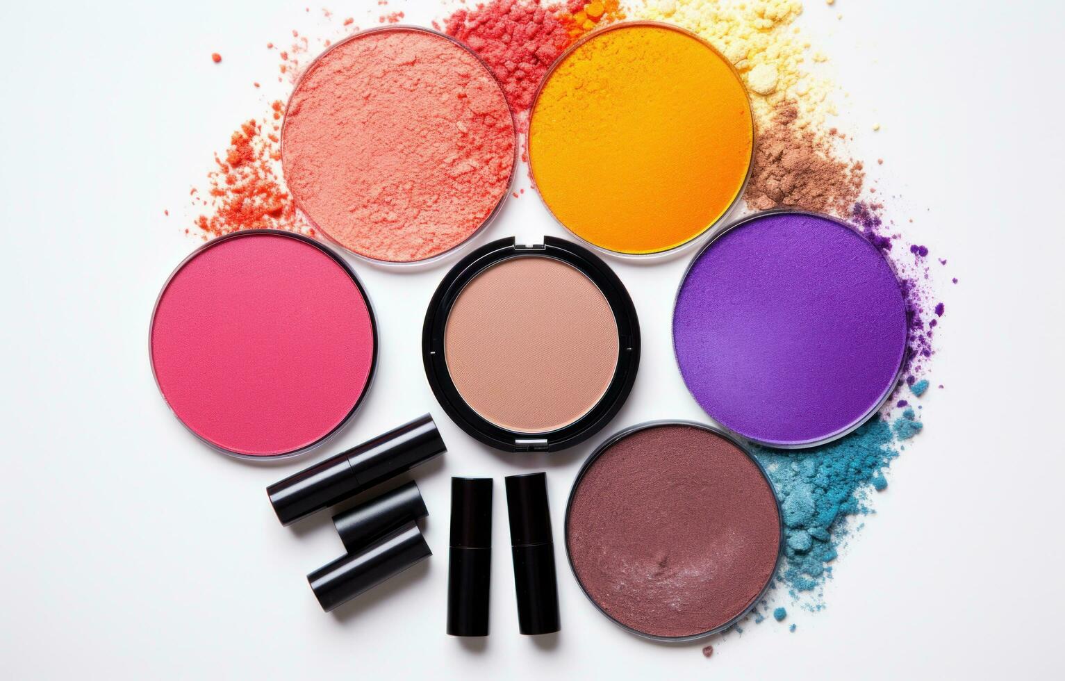 AI generated various makeup products is shown in a circle on a white background, photo