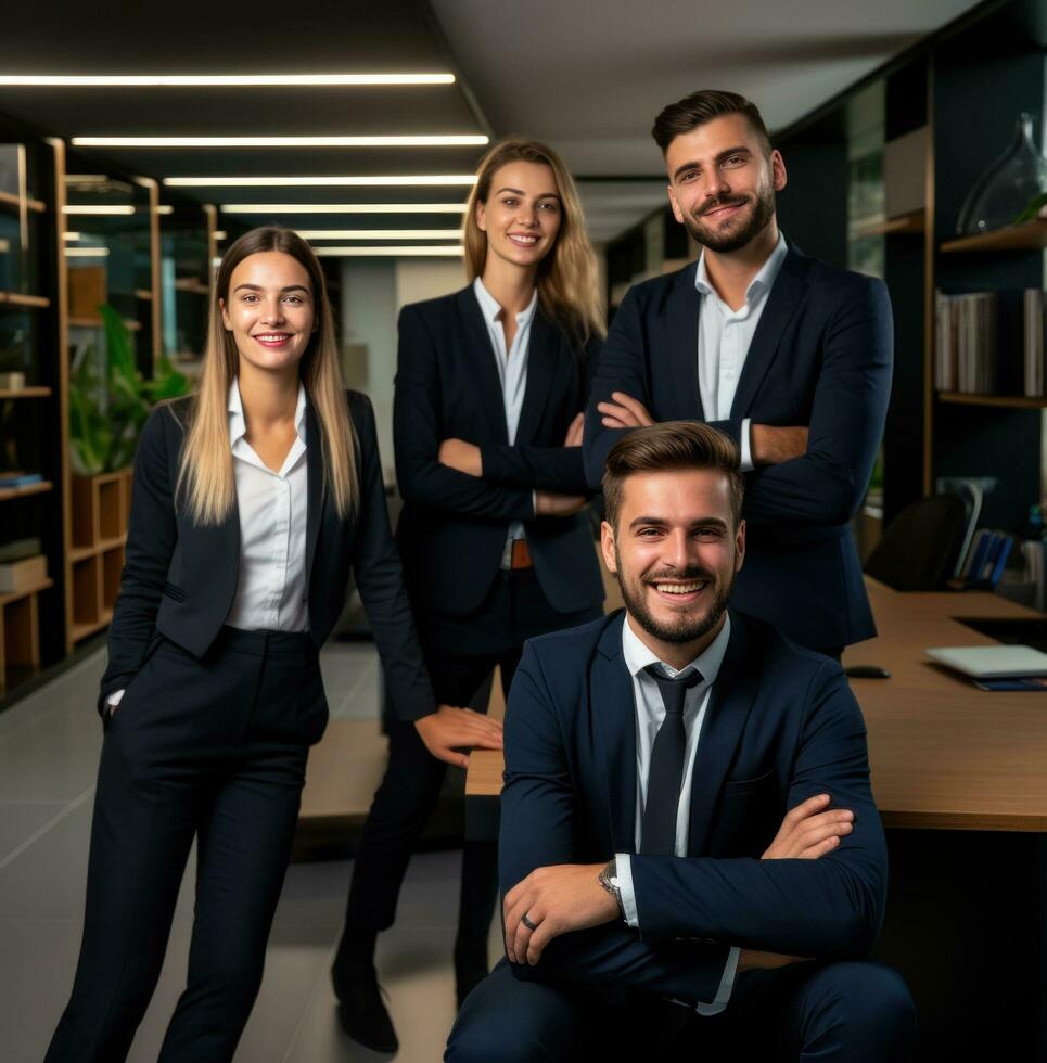 AI generated smiling business team posing in the office photo