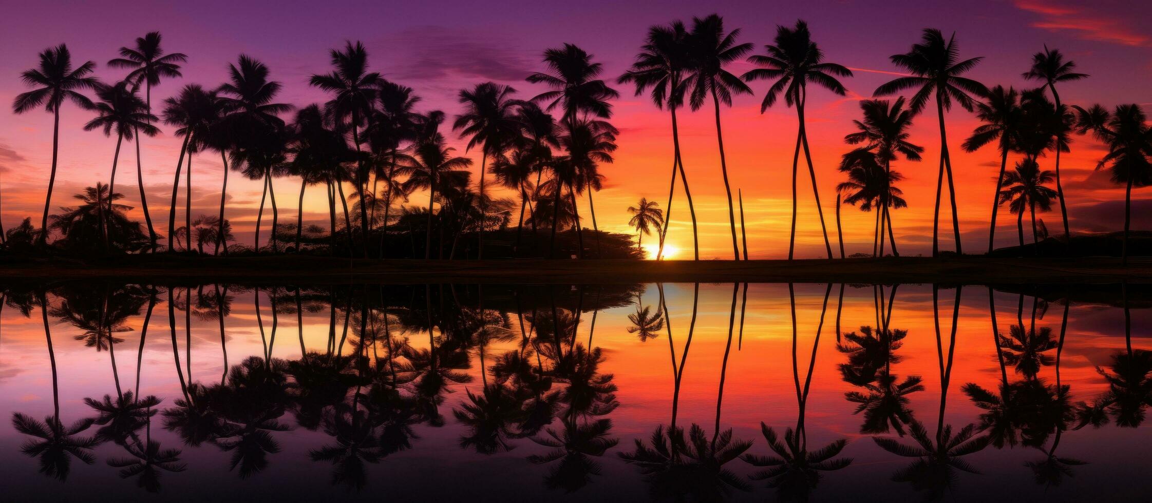 AI generated sunset with reflection of palm trees photo