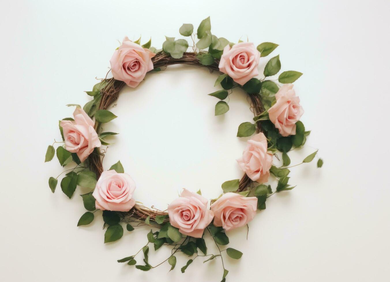 AI generated pink rose wreath with leaves photo