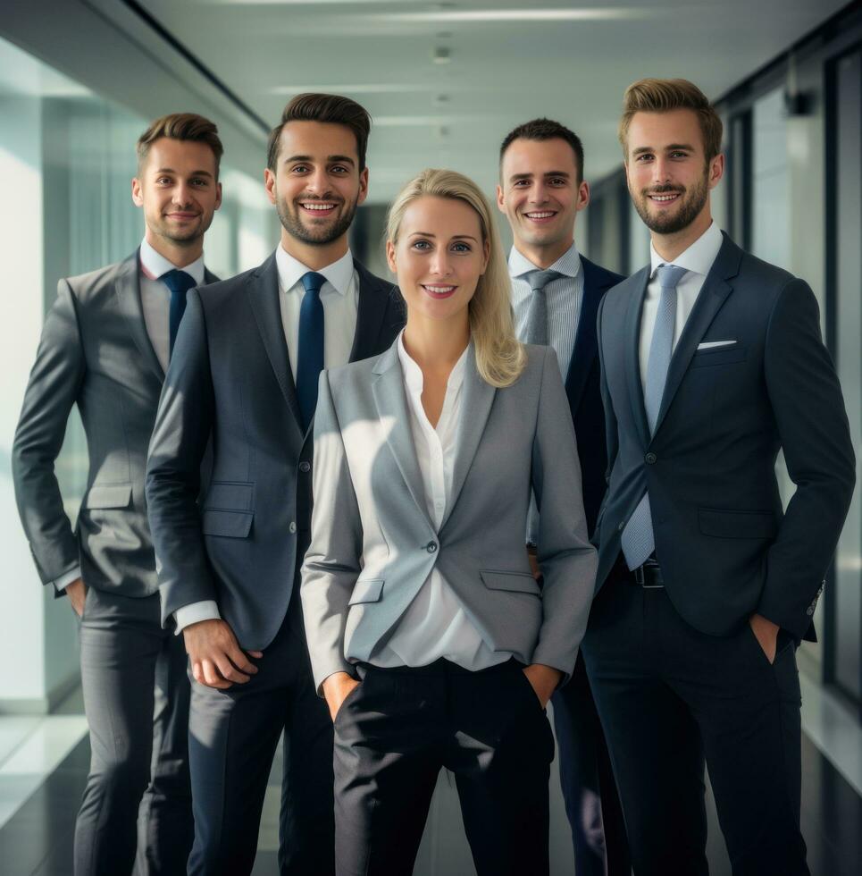 AI generated smiling business team posing in the office photo