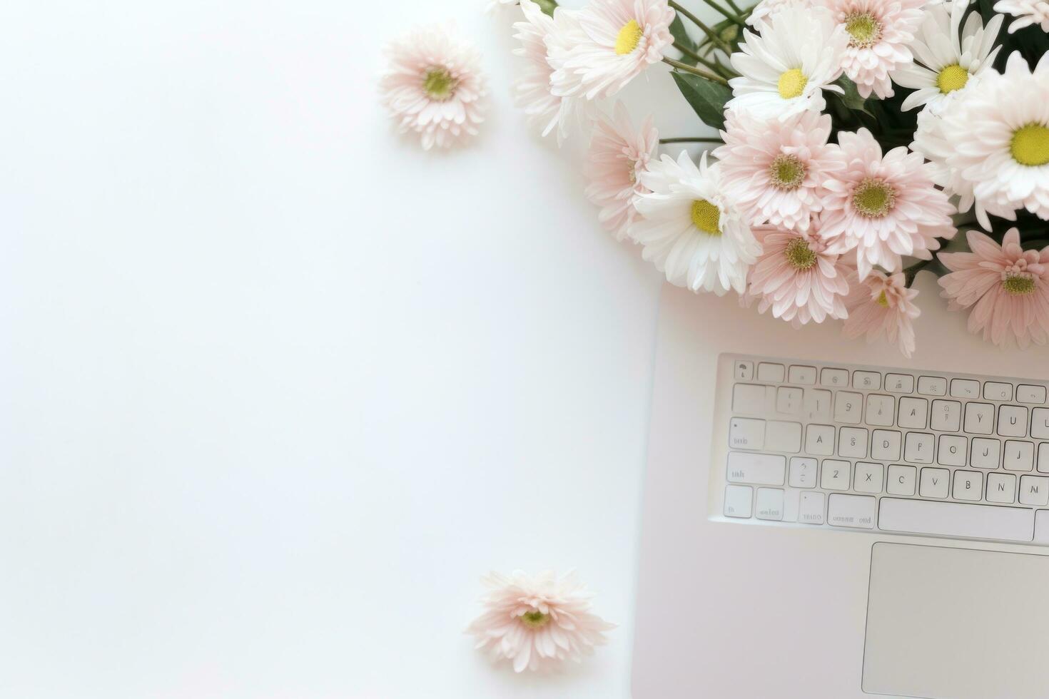 AI generated the keys of a laptop are on a table near flowers. photo