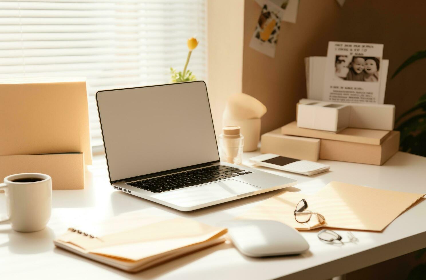 AI generated office desk and equipment with notes and a laptop photo