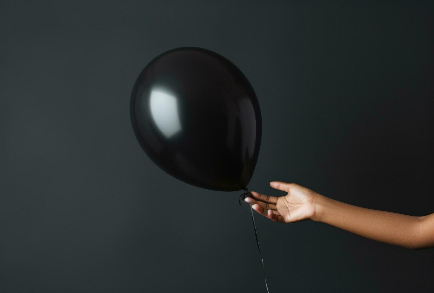 AI generated person pointing hands to a black balloon, photo