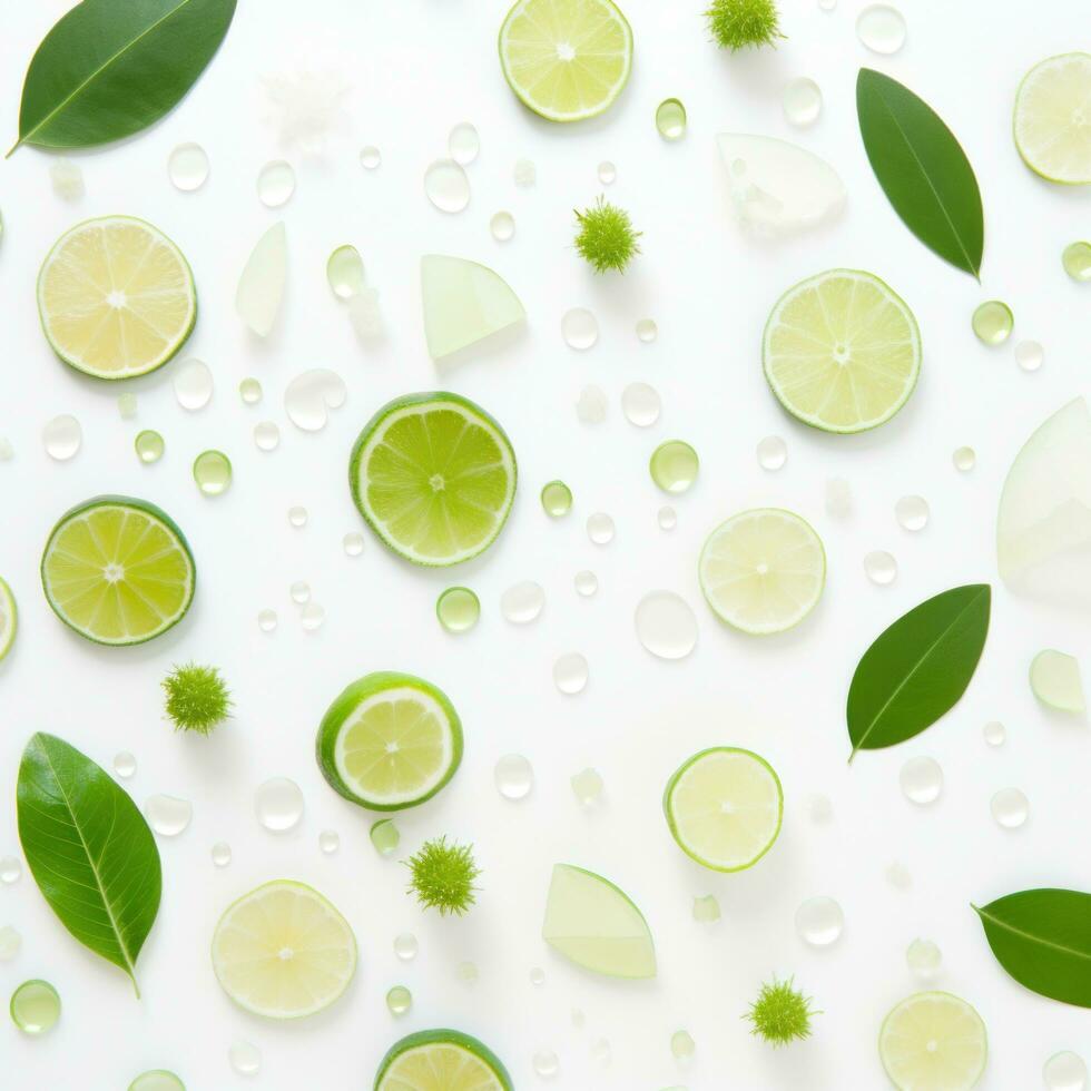 AI generated green and white leaves with slices of lime on the background photo