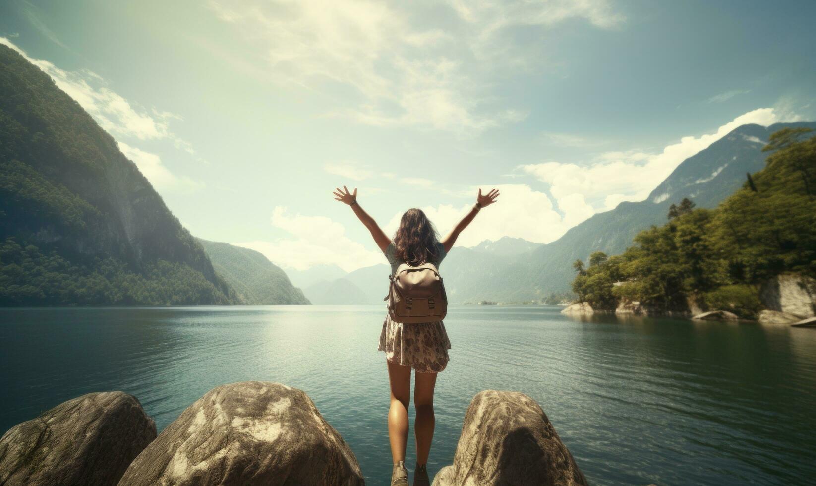 AI generated image of woman with backpack and arms outstretched to lake photo