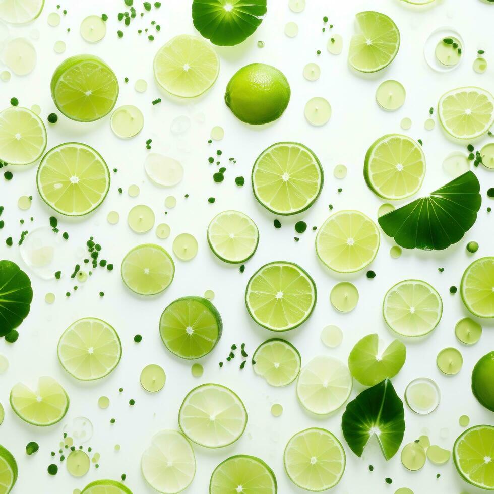 AI generated green and white leaves with slices of lime on the background photo