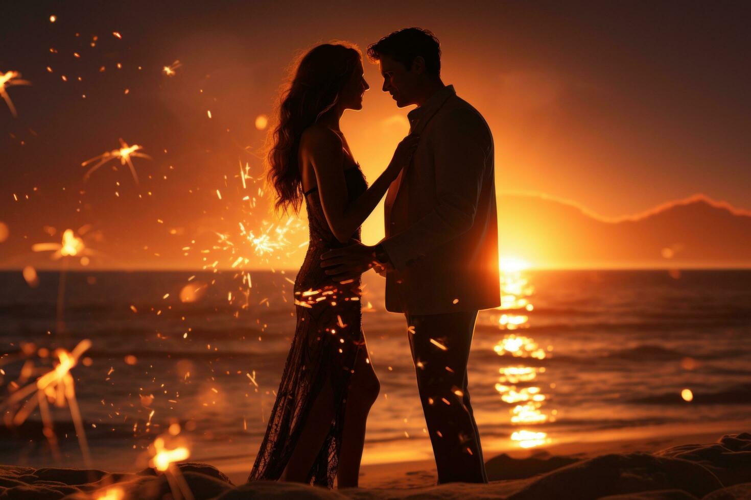 AI generated couple holding sparklers at sunset photo