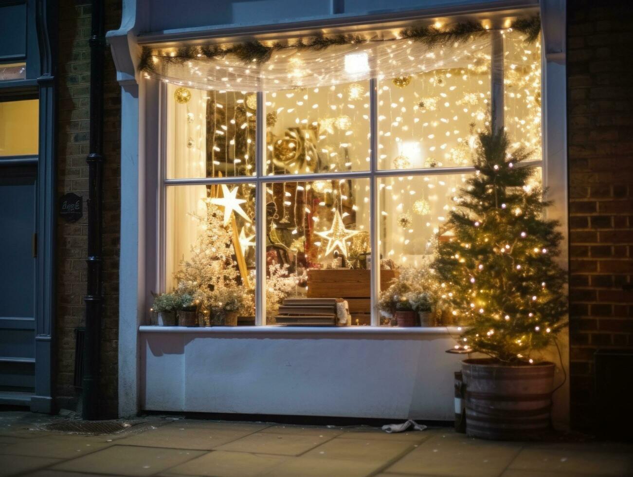 ai generado Navidad decoraciones y estrella luces en un lado calle foto