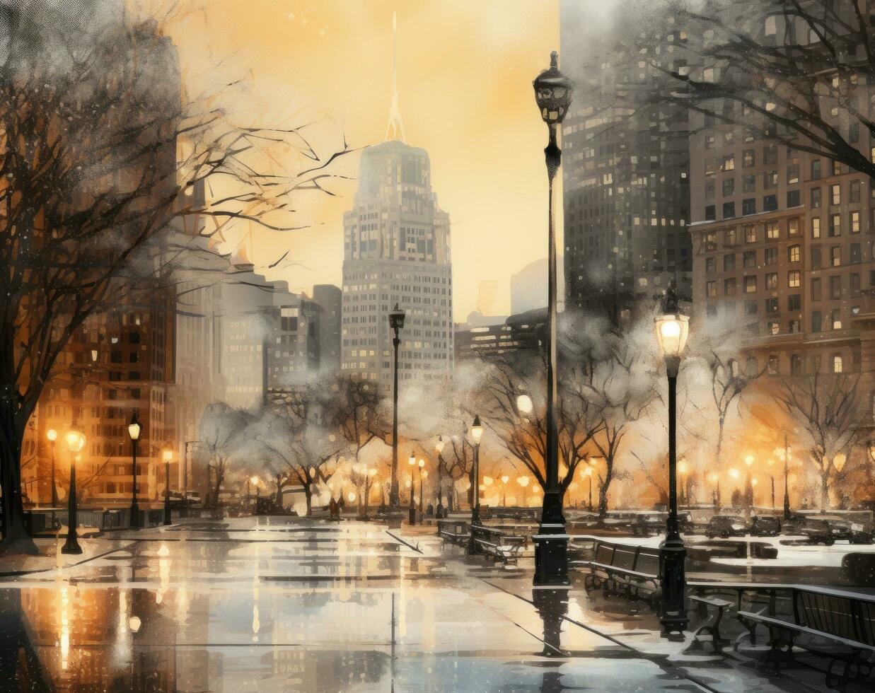 AI generated winter scene in big city photo