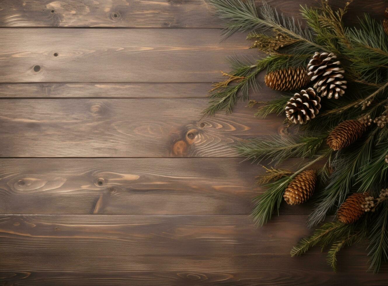 AI generated background with pine branches and cones on the wooden background photo
