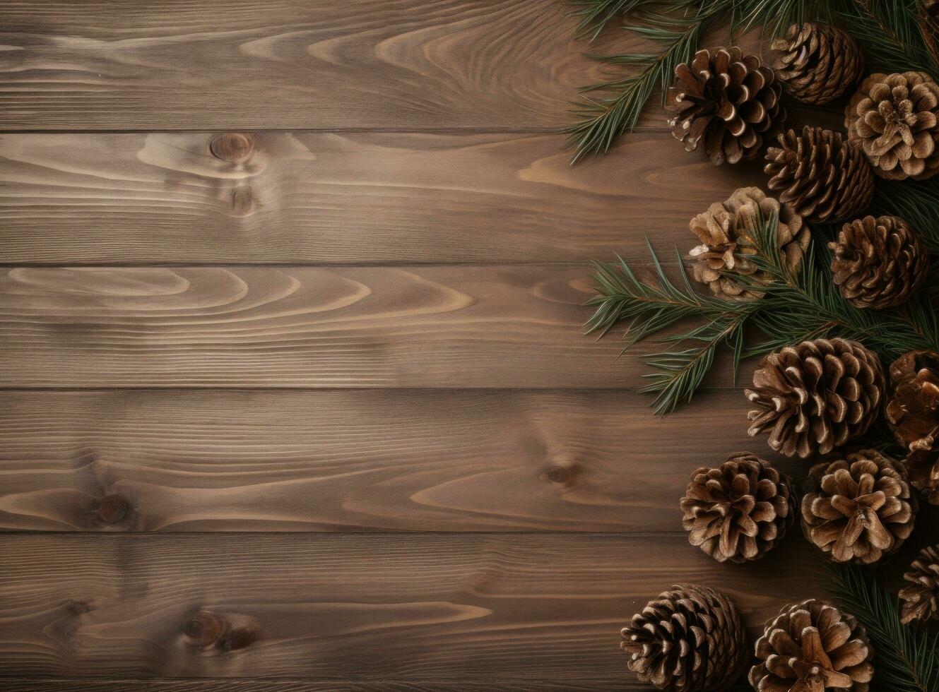 AI generated background with pine branches and cones on the wooden background photo