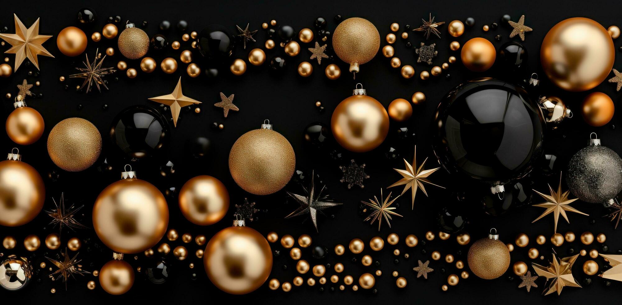 AI generated christmas black gold glitter gold metallic decorations. photo