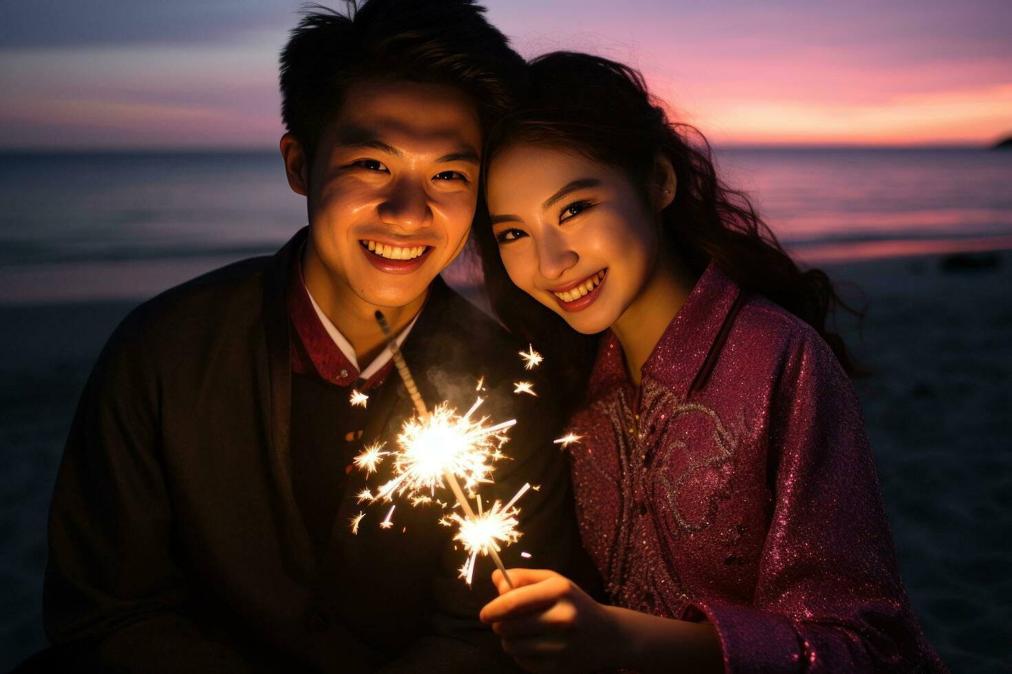 ai generado un joven Pareja participación bengalas en un playa a puesta de sol. foto