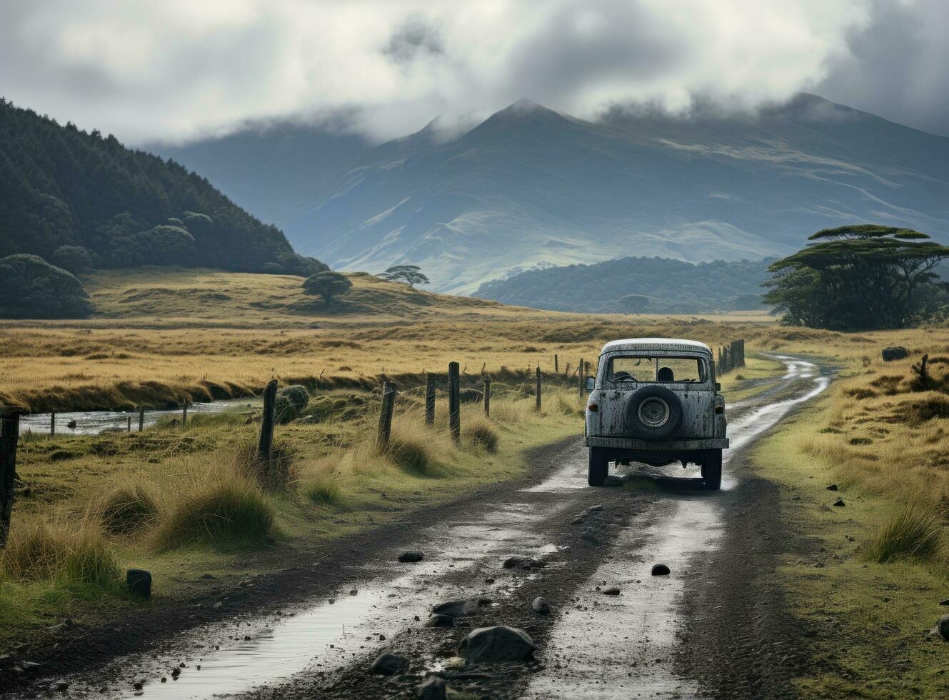 ai generado un todoterreno aventuras y un abandonado la carretera foto