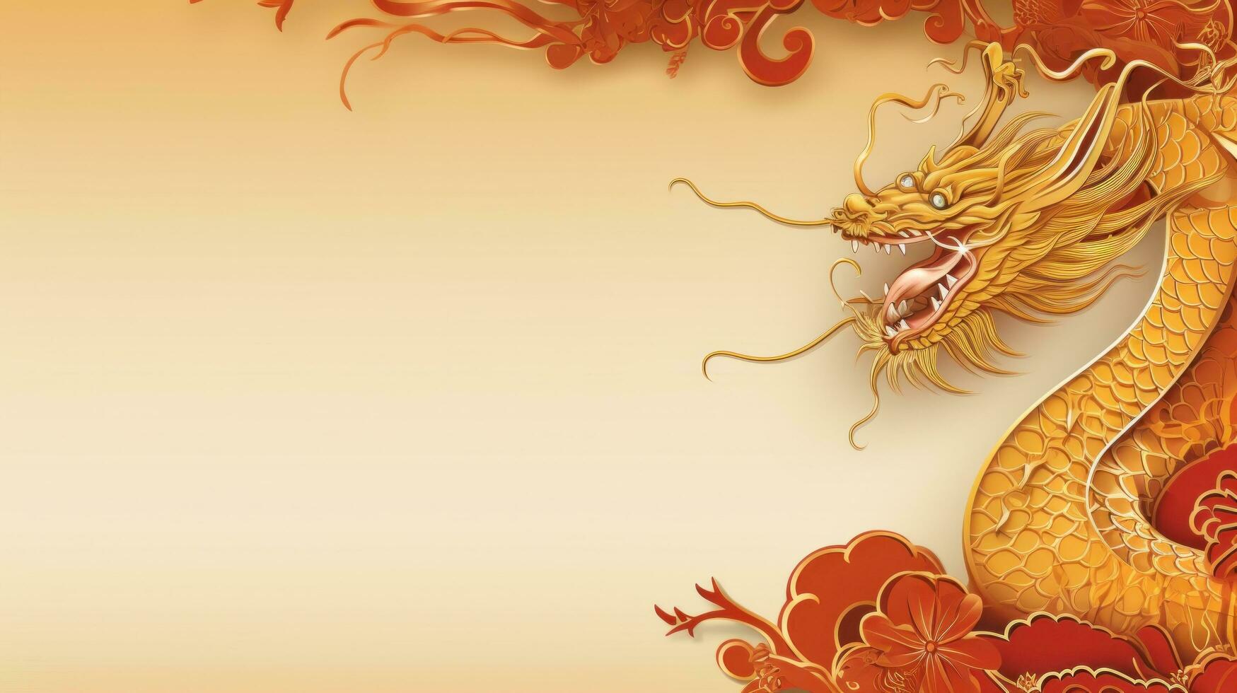 AI generated Chinese holiday background with dragon, dark red and gold, large copyspace area photo